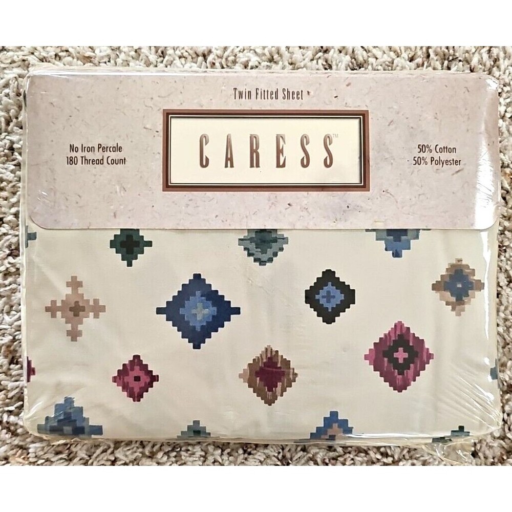 Vintage Caress Arrowhead Twin Fitted Sheet NOS Percale Southwestern Geometric